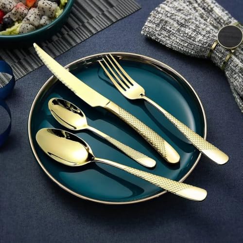 Image of Aurum Gold French Style Silverware Set | 5-Piece Hammered Flatware with 2-in-1 Serrated Knife | 18 /10 Stainless Steel Cutlery Set | Perfect for Home, Restaurant & Luxury Gifting