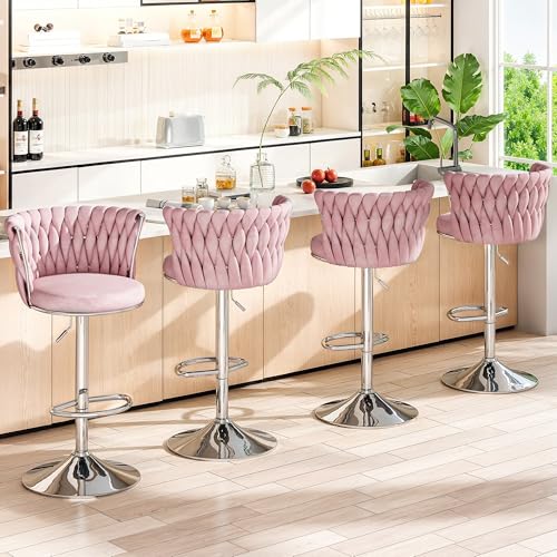 Image of Lamerge Velvet Bar Stools Set of 4, Adjustable Counter Height Barstools with Back & Footrest,Woven Counter Stools Swivel Bar Chairs for Kitchen Island, Pub,Pink