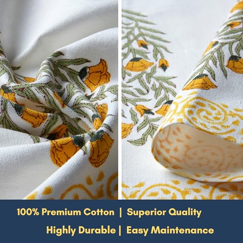 Image of Table Runner 100% Cotton Linen - Spring Block Print Collection - Elegant Boho Vintage Floral Farmhouse Decor - Dining Living Room Kitchen Bedroom - 72 inch 4 - 6 Seater - Yellow Bloom Sicily