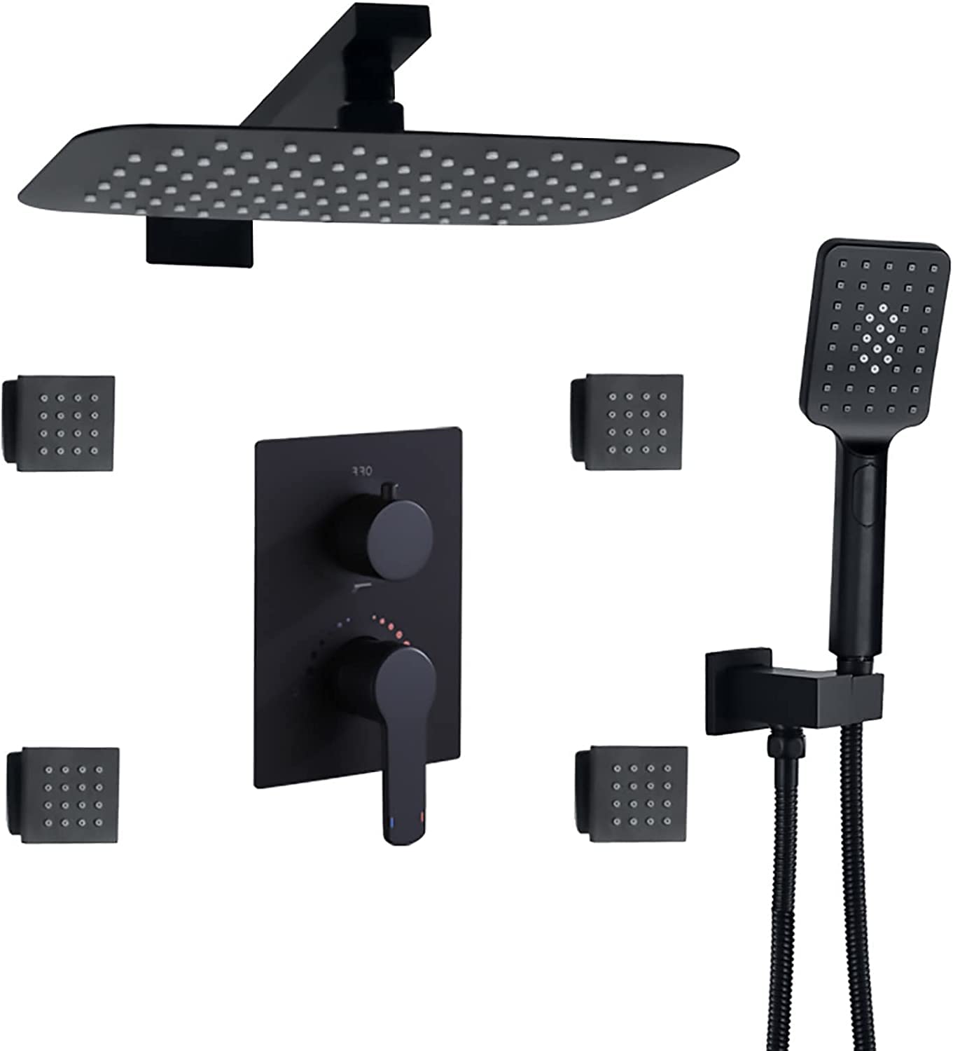 Sistema de Ducha Juego de Grifo de Ducha Negro Juego Combinado de Ducha de Lluvia de 12 * 8 Pulgadas Kit de moldura de Ducha y bañera montado en la Pared con rociador de Mano de 3 Modos y Cabezal de