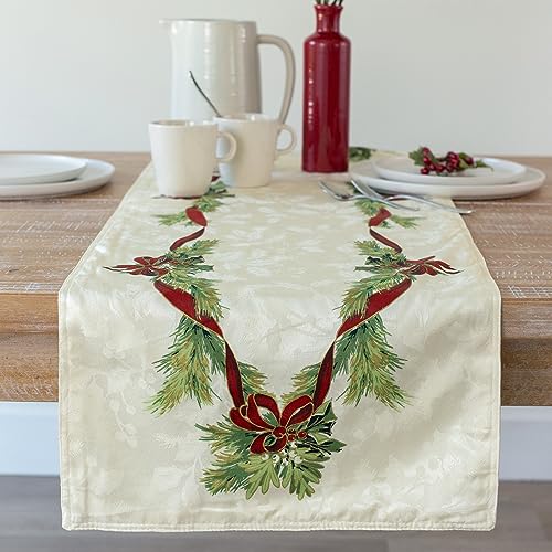 Benson Mills Christmas Ribbons Engineered Printed Fabric Table Runner, Winter, Holiday and Christmas Tablecloth (16