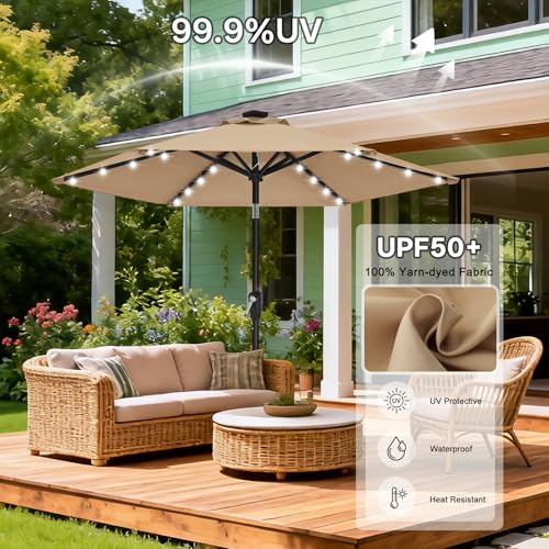 Image of ABCCANOPY Durable Solar Led Patio Umbrellas with 24LED Lights 7.5FT with 6 Sturdy Ribs (Tan)