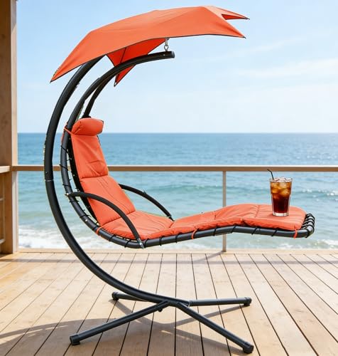 Hanging Chaise Lounge Swing Chair with Arc Stand Freestanding Curved Steel Hammock Lounger for Patio Poolside Backyard Garden