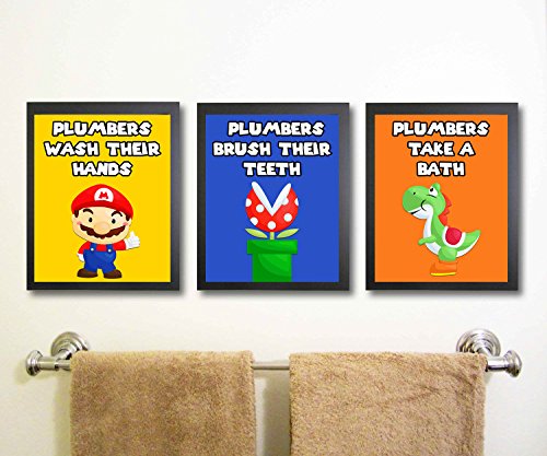 Silly Goose Gifts Bright Hero Plumber Brothers Video Game Bathroom Wall Art Prints (Set of 3) Artwork Posters Bath