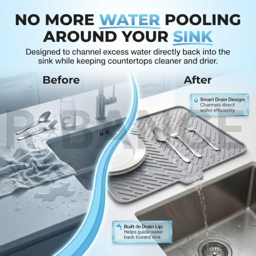 Image of Medium Silicone Dish Drying Mat for Kitchen Counter - 40x30 cm | Hygienic drying pad with built-in drain lip. Sturdy, compact & easy to clean grey tray. Protects surfaces from water build-up