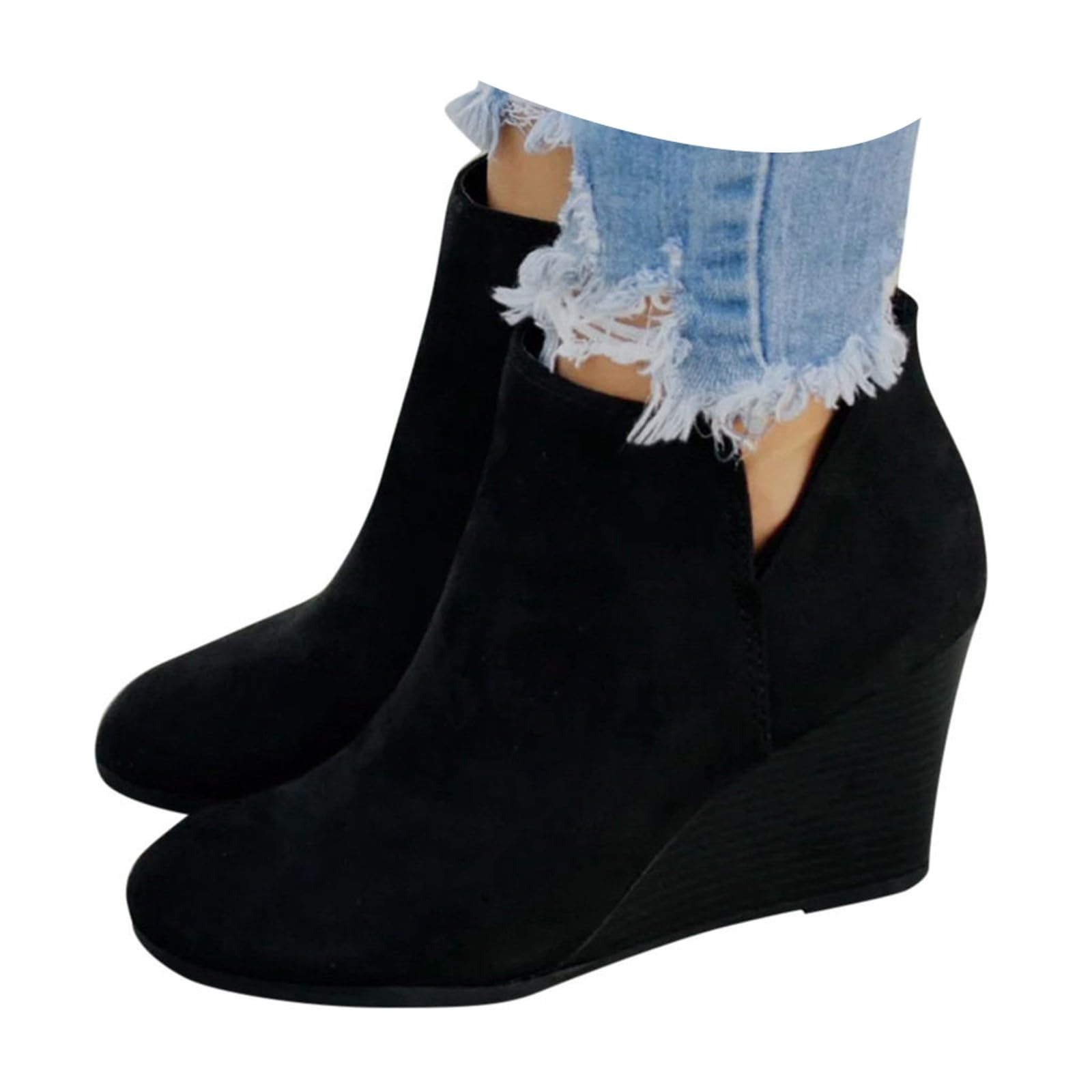 Womens V Cut Wedge Ankle Booties Zip-up Pointed Closed Toe Stacked Heel Faux Suede Boots Fall Winter Ankle