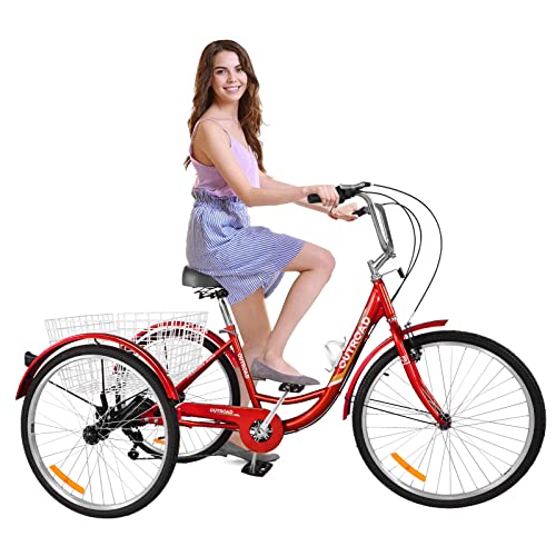 Marknig 7 Speeds Adult Tricycles With Large Basket, 3 Wheels Cruise Bicycles For Shopping, 24/26 Inch Beach & City Trike For Men Women Senior For Recreation, 24 Red #TOP7