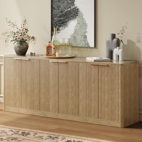 Image of Evermagin 67 inch Fluted Oak Buffet Cabinet Sideboard with Storage, Large Credenza with 6 Doors, Wood Mid Century Modern Sideboard for Kitchen and Living Room (67 inch*31.5 inch*15.7 inch)