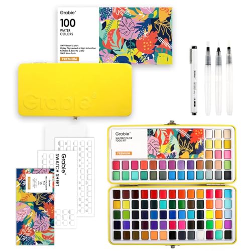 Grabie 100 Colors Premium All-In-One Watercolor Paint Set - 50 Essential 35 Metallic 10 Pastels 5 Neon Hues - Portable Case Brush Pens Paper Pad Waterproof Fineliner Pen Beginner & Professional