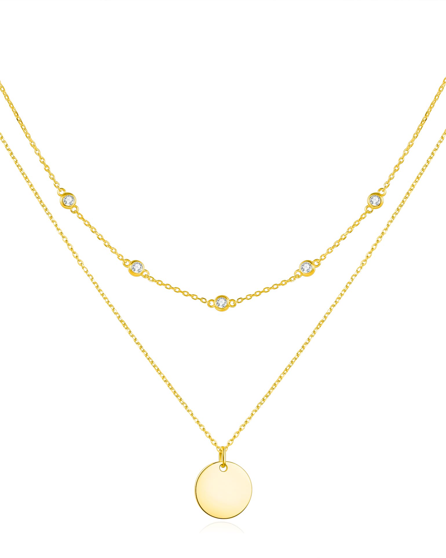FANCIME Layered Kette Damen mit Sonne Anhänger, 14K Weißgold