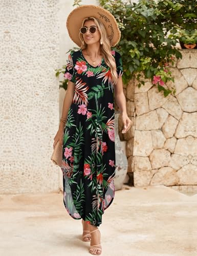 Image of JollieLovin Womens Plus Size Casual Summer Maxi Long Dress Short Sleeve T-Shirt Loose Sun Dress(L-5X)