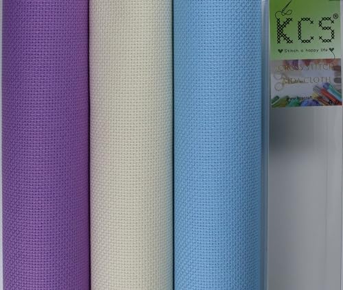 Image of KCS 3 pc of 15 inch x 18 inch(38cmx45cm) Counted Cross Stitch Cotton Aida Cloth Needlework Rolled Fabric Box,16CT,Cream+Light Blue+Lavender