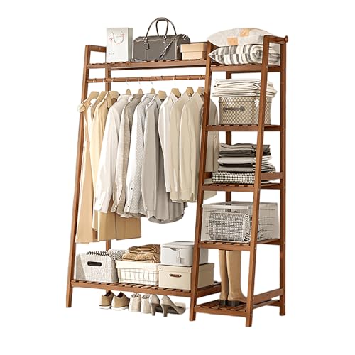 Simcat ハンガーラック 洋服ハンガー 物干しスタンド コート掛け 棚付き衣類ラック 自立型 多機能 多層スタンディング 天然竹製 室内 玄関 部屋用 頑丈 大容量 省スペース (タイプA,Aブラウン-幅110cm)