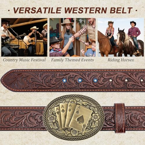SANSTHS Western Cowboy Belt for Men Bull Buckle Belt Womens Western Floral Engraved Leather Belts for Jeans4