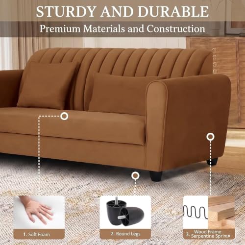 Image of Velvet 2 Seater Sofa, Chesterfield Tufted Sofa with Nailhead Trim, Rolled Arm Sofa with Wood Legs for Living Room & Office (Brown Color)