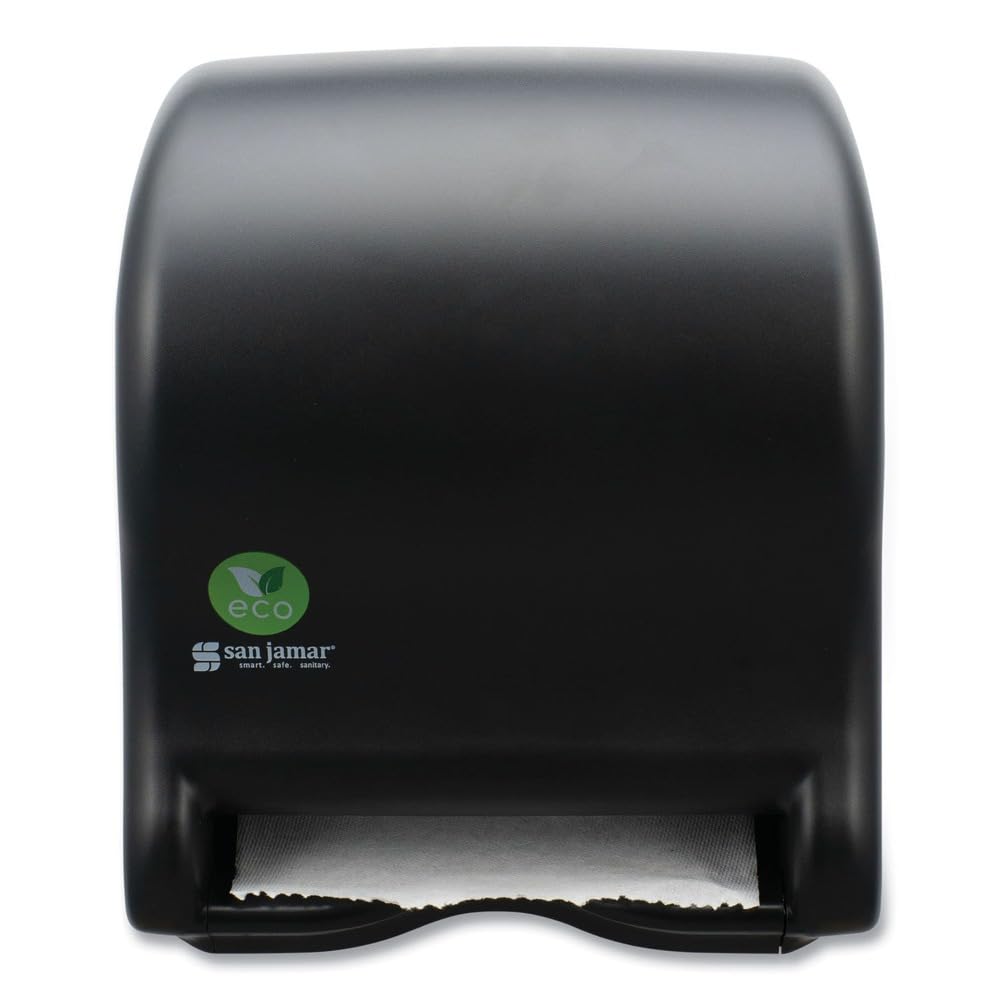 San Jamar ecoLogic Tear-N-Dry - Dispenser elettronico di asciugamani di carta in plastica riciclata, alimentato a batteria, dispenser da parete per casa e lavoro, rotoli da 25,4 cm, nero