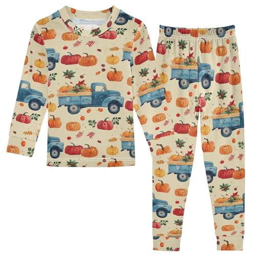 Fustylead Vintage Blue Harvest Car and Pumpkin Berry Leaves Long Sleeve Top and Matching Bottom Cotton Pajama Sets