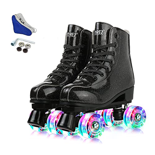 YYW Roller Skate for Women Men Light up Wheel - Double Roller Skater High-top PU Leather Roller Skate Shoes Adjustable PU Roller Skates with Four Piles for Adult Girls Beginners Black Flash