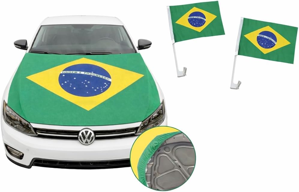 Kit Bandeira do Brasil Capô de Carro 110cm x 150cm e 2 Bandeiras com Hastes para carro 30cm x 45cm