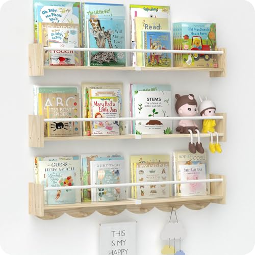 Image of Bidami Book Shelf for Kids Rooms, Floating Book Shelves for Wall, 34 inch Nursery Book Shelves Set of 3 Great for Living Room, Kids Room,Bedroom.