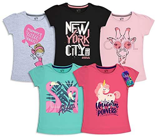 Image of minicult Girls Half sleeeves Cotton Tshirt with Cute Prints and Colorfull (Pink) (Pack of 5)