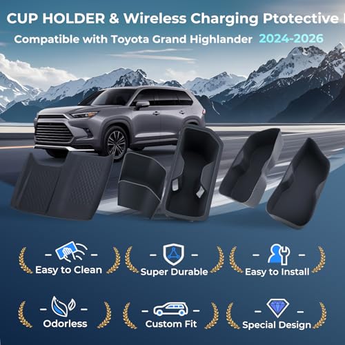 Image of 1st & 2nd Row Cup Holder Inserts & Wireless Charging Protective Mat for Toyota Grand Highlander 2026 2025 2024, Interior Accessories Center Console Front & Rear Cup Holders Protector, Black