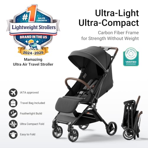 Image of Mamazing Ultra Air Lightweight Baby Travel Stroller with Carbon Fiber Frame | Compact & Airplane-Friendly, One-Handed Fold, 11.6 lbs, UPF50+ Canopy, Under-Seat Basket, Organizer & Cushion Included, Jet