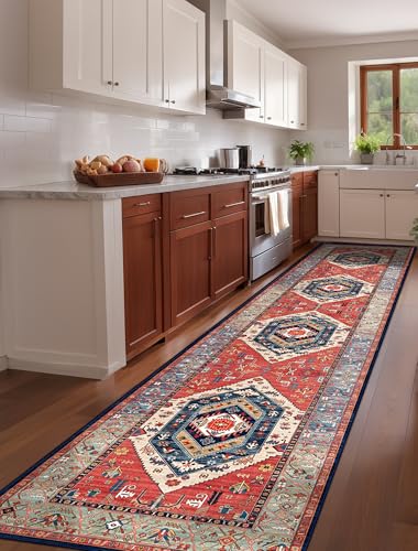 SERISSA Runner Rug for Hallways, 2'6"x12' Washable Non Slip Kitchen Runner Rug, Extra Long Boho Rug Ultra Soft Vintage Rust Print Floor Carpet for Bedroom Hallway Entryway Bathroom Laundry Room