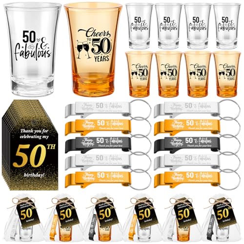Domensi 30 Sets 50th Birthday Party Favors for Guests 2 Styles Acrylic Short Glasses 3 Colors Bottle Opener Souvenir Thank You Tags with Organza Bags Twine for Birthday Anniversary Wedding Shower