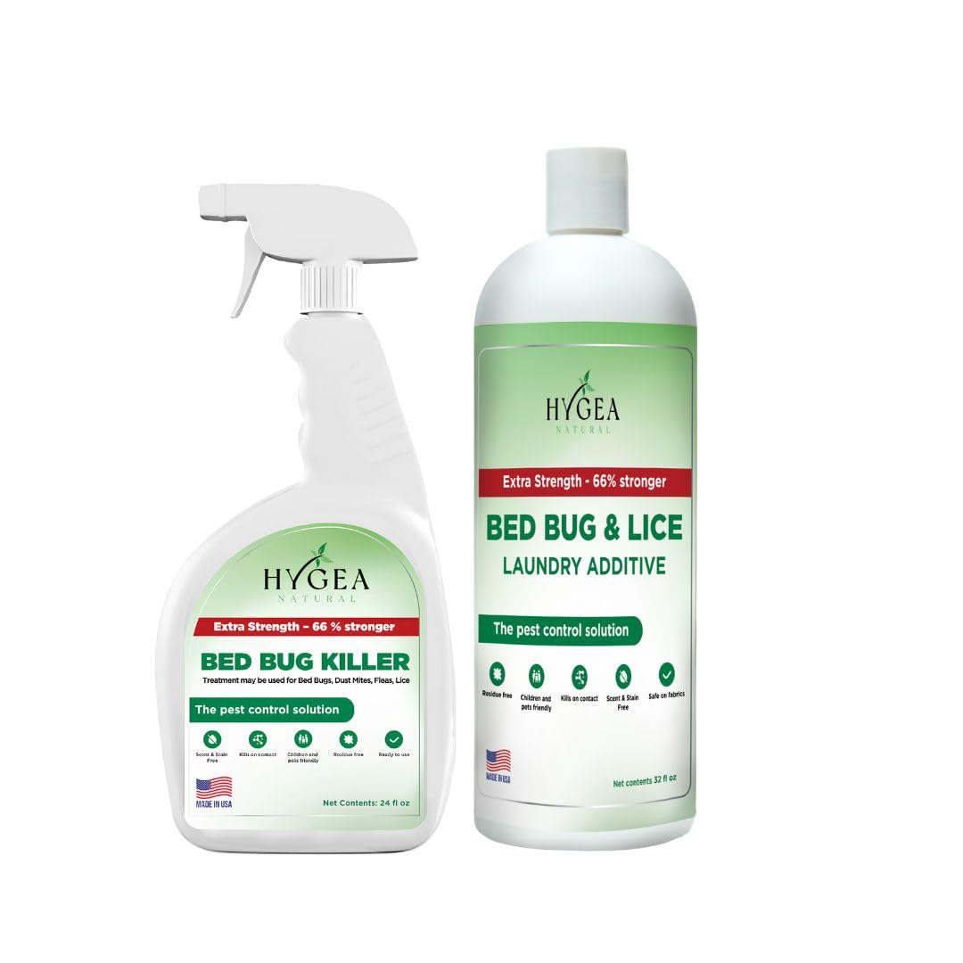Hygea Natural Bed Bug & Lice Extra Strength Elimination Duo - Includes 24 oz Lice & Bed Bug Spray & 32 oz Laundry Additive - environmentally responsible Formula - Pest Control for Home & Travel