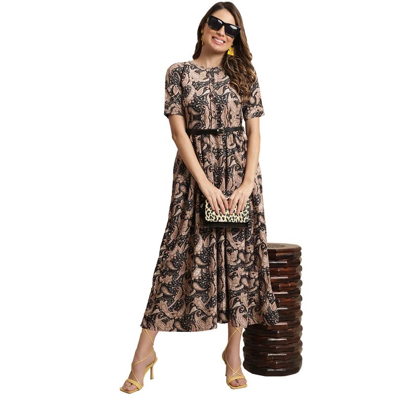 Preneum Girls's Georgette Floral Printed 3/4 Slevees A-Line Fit & Flare Gown With Belt, Black, L