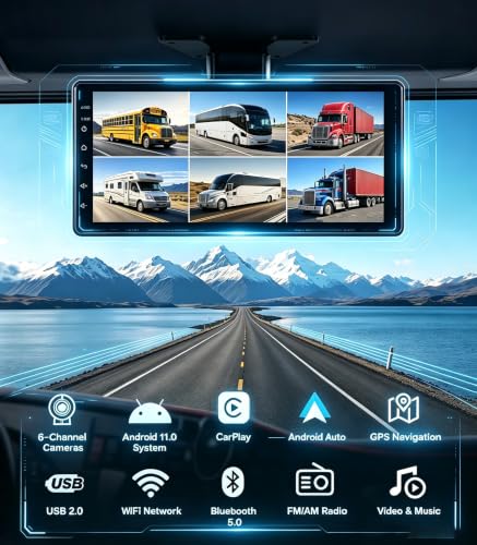 Image of 5-Channel GPS Navigation Touchable Screen Car Stereo with Carplay 128GB Large 1080P Image 10.36 Inch Monitor Backup Camera Built-in DVR for RV Truck Trailer Rear Side Front View Wired System