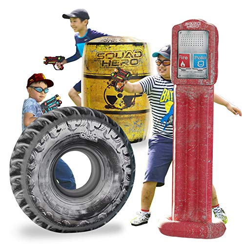 Combat Arena Inflatable Battle Obstacles Set - Compatible with Nerf, Laser Tag, Dart Guns, and Water Gun Games - Large Tire, Barrel, Call Box - Sports Gift for Kids and Teens - Nerf Party Accessories