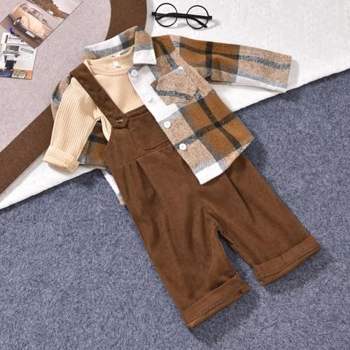 Unutiylo Toddler Baby Boy Clothes Set Infant Boy Overalls Outfit Fall Winter Long Sleeve Romper+Suspender Pants+Plaid Jacket3