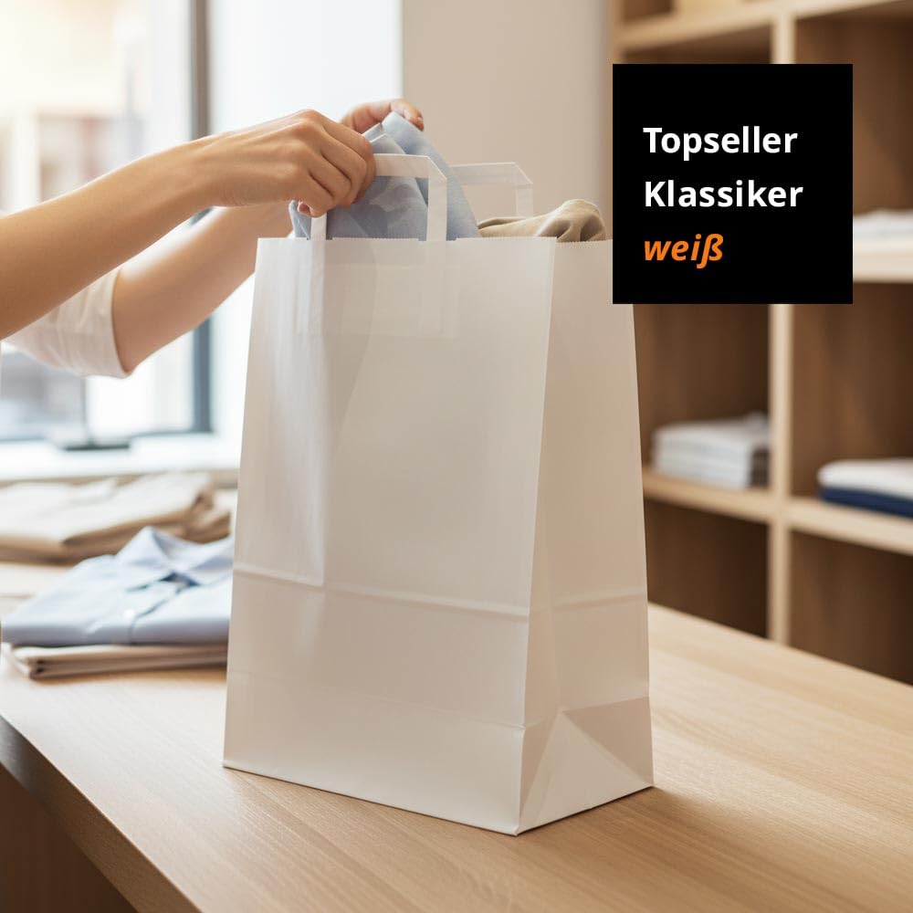 Papiertüten weiß mit Flach-Henkel I 100 STK. 32+17x44cm I Papiertragetasche für Einzelhandel, Hochzeit, Geburtstag, to-GO I Geschenktüten aus Kraftpapier I