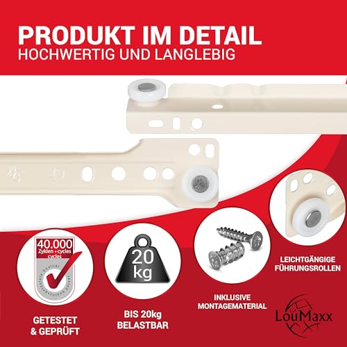 LouMaxx Rollschubführungen 500 mm | 2er Set (1 Paar) Schubladenschienen weiß | Schubladen Schienensystem mit Teilauszug | Leichtgängige Schienen Schublade in Cremeweiß