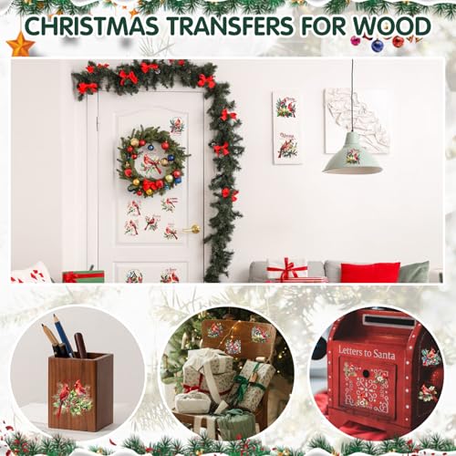 Image of ZMRU 24 Sheets Vintage Christmas Rub On Transfers for Crafts, Rub On Transfers Christmas for Wood，Furniture Decals, Glass, Porcelain, Leather, Canvas, Fabric Projects,3 * 3inch(Cardinal Christmas)