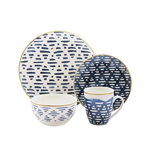 Elle Collection Delice Casual Round Dinnerware Set – 16-Piece Porcelain Party-4 Dinner & 4 Salad Plates, 4 Bowls, 4 Mugs – Gift for Special Occasion or Birthday, 10.5", Blue/White
