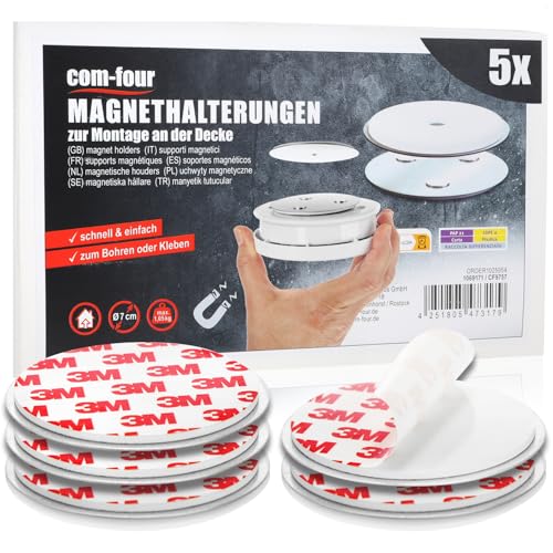 com-four® 5X Magnethalterung für Sicherheitsmelder - Halterung zum Kleben oder Bohren - Befestigung mit extra starken Klebepads für Rauchmelder - magnetische Aufhängung (05 Stück - silberfarben)