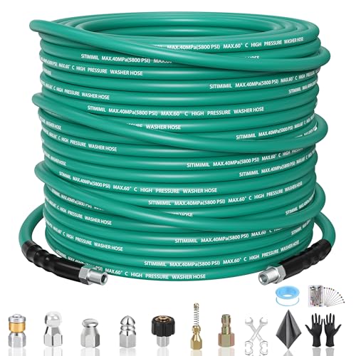 Image of 100FT Sewer Jetter Kit for Pressure Washer,1 /4''NPT Drain Cleaner Hose 5800PSI, With Adapter Corner Rotating Button Nose Sewer Jetting Nozzles Kit Pearl Corsage Pin Spanner Waterproof Tape