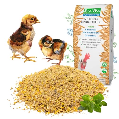 StaWa Kükenmehl Kükenaufzucht Alleinmehl natürlicher Cocci-Schutz durch Majoran und Oregano-Öl ohne Gentechnik mit Leinschrot + Schwarzkümmel Premium Kükenfutter für sichere Aufzucht 5 kg