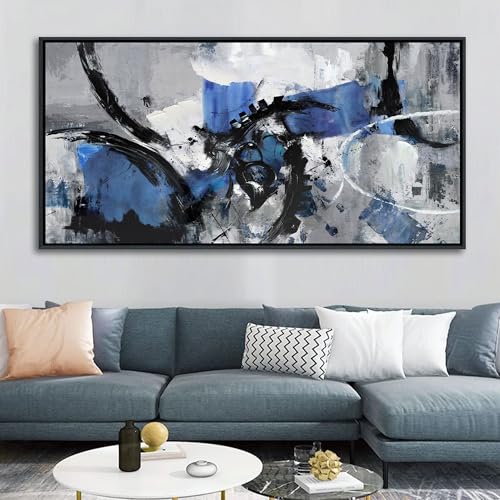 Image of Blue Abstract Wall Art - Large Canvas Wall Art in Navy Blue and Black, Framed Gray Artwork for Living Room, Bedroom, and Office Decorations for Work - Modern Wall Decor and Pictures 30x60IN