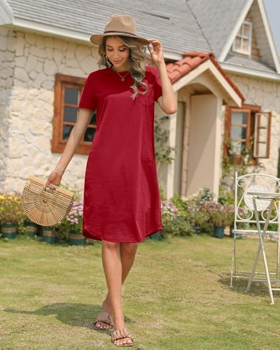 Image of Dyexces Summer Dress for Women Crew Neck Short Sleeve Solid Basic T-Shirts Casual Midi Dresses with Pocket