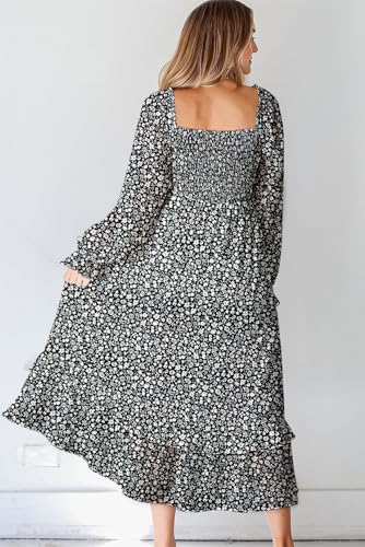 Image of Dokotoo Boho Dresses for Women 2025 Casual Floral Square Neck Long Sleeve Smocked Elastic Waist Tiered Ruffle Hem Maxi Dress
