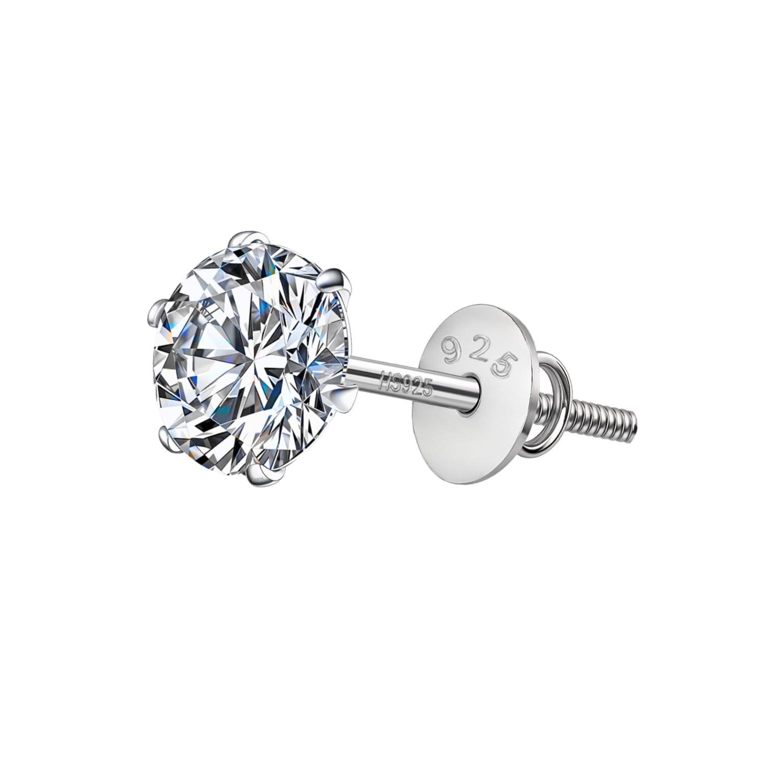 925 Silver Solitaire Screwback Stud Earring | 92.5 Sterling Silver & Diamond Like Brilliance Zirconia Top | Single Stud for Men | 5mm