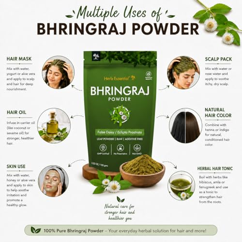 Image of Herb Essential Bhringraj Powder 100g | Pure Herbal Hair Care Powder for Strong Healthy Hair & Scalp Nourishment | Natural Ayurvedic Hair Pack