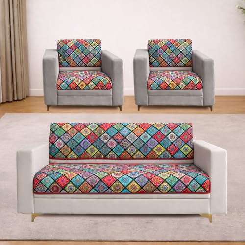 Image of Homerz Premium 5 (3+1+1) Seater Velvet Sofa Panel Cover with Digital Prints | Anti-Slip Backing (Mandala, 5 (3+1+1) Seater with Back)