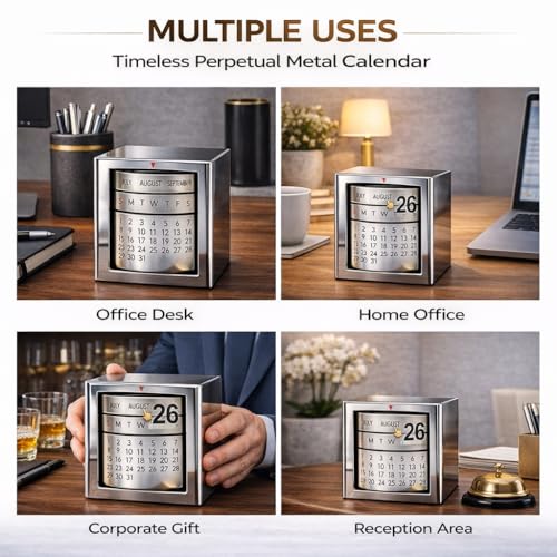 Image of ZAHEPA Stainless Steel Perpetual Desk Calendar, Reusable Rotating Metal Block Calendar for Office Table & Home Decor, Stylish Gift for Professionals, Students & Corporate New Year Gifting (Silver)
