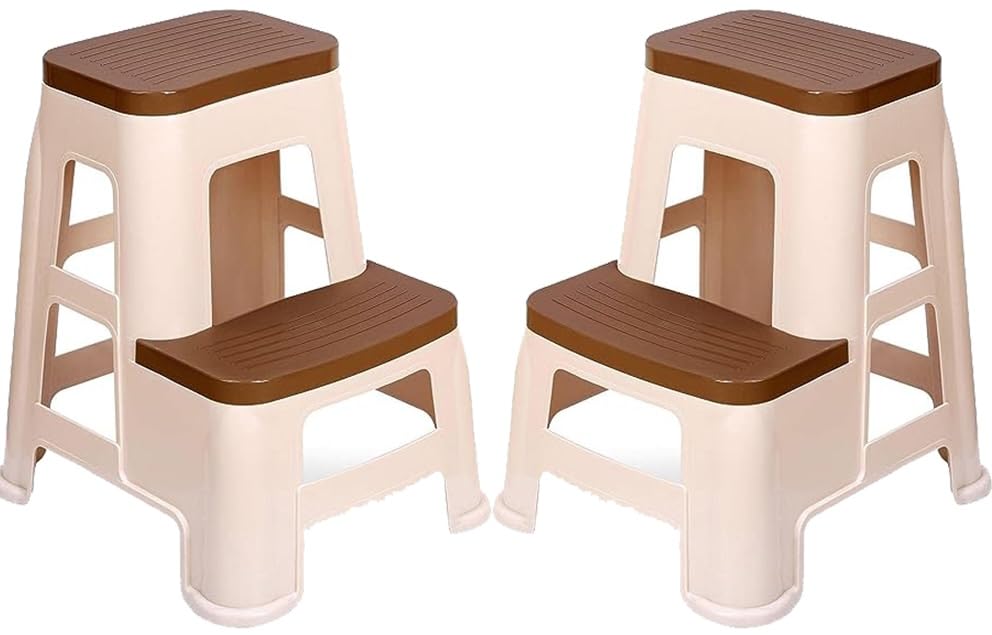 Image of Plastic Multi-Purpose Stepper Stool for Kitchen | Office&Home Use with Weight Bearing Capacity of 180 Kg |2 Step Stool for Home| Color: Basket Beach /Brown; Pack of 2