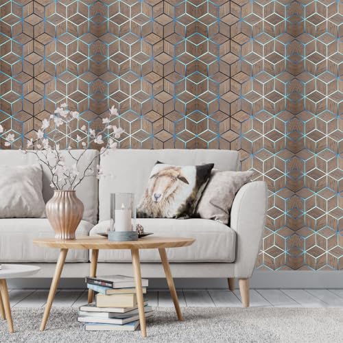 Image of DWELLSINDIA 3D Wood Geometric Pattern Self Adhesive Wallpaper Waterproof, Scratch Resistant, Laminated (244cmx41cm, Brown)